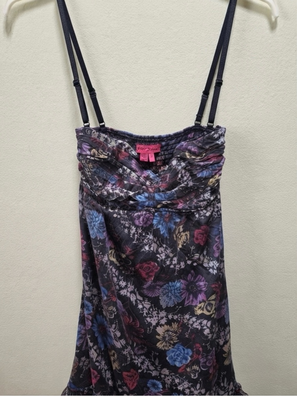 Betsey Johnson Vintage Y2K Silk Floral Ruffles Smocked Tulip Dress Fairy Black 2 - Picture 6 of 16